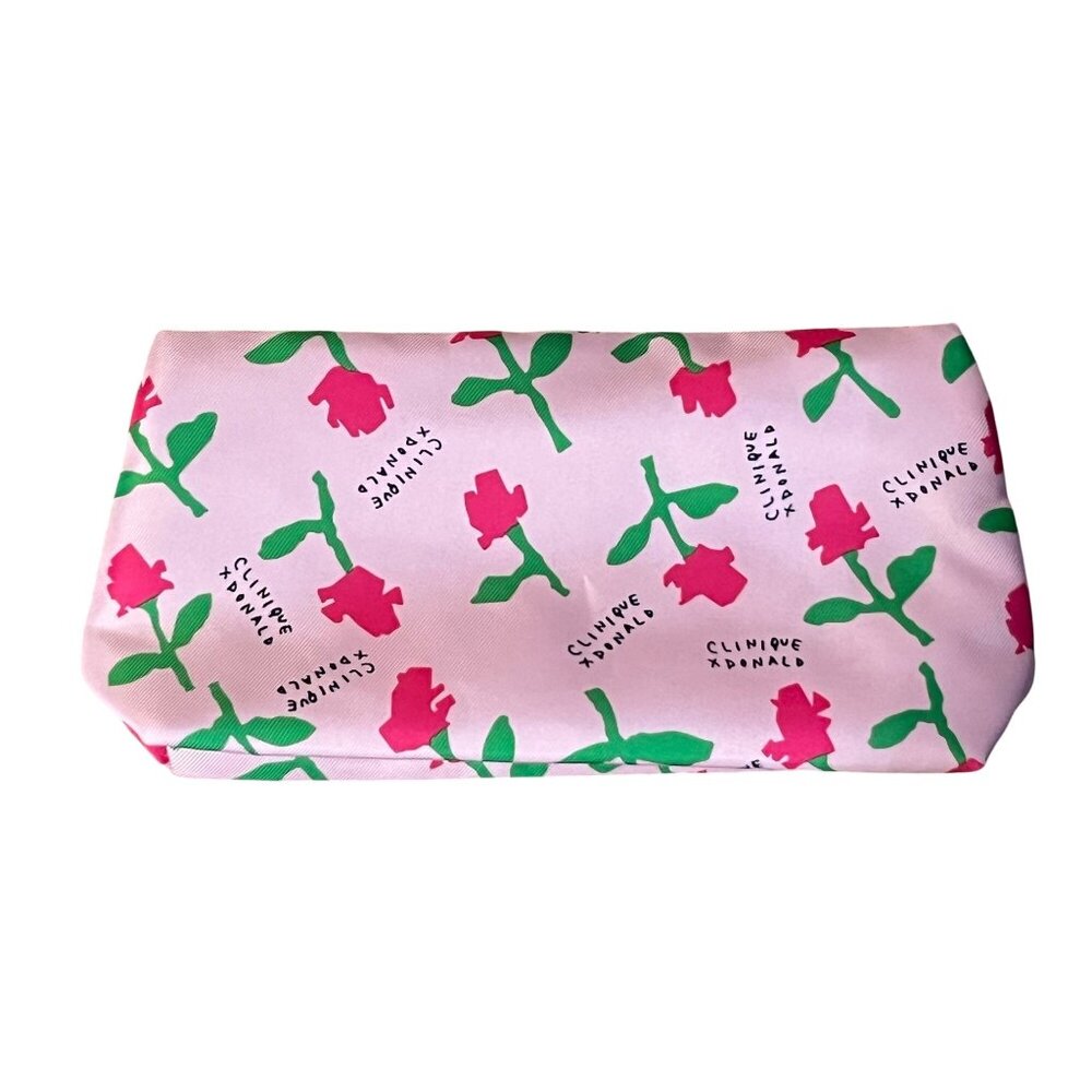 Clinique X Donald Floral Makeup Bag Pink W/ Green Flower Pattern Zipper Pouch 9.